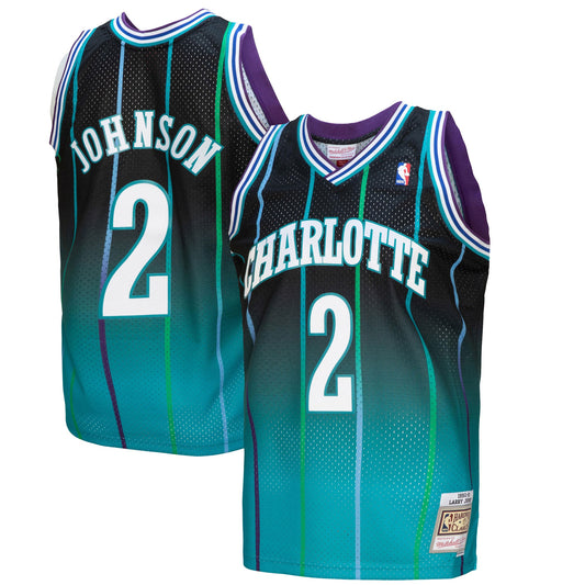 Larry Johnson Charlotte Hornets Mitchell & Ness 1992/93 Hardwood Classics Fadeaway Swingman Player Jersey - Teal/Black