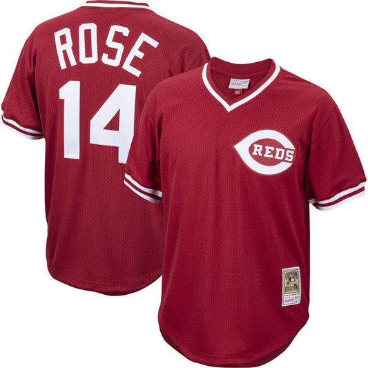 Men's Pete Rose Cincinnati Reds Mitchell & Ness Cooperstown Collection Authentic Mesh Batting Practice Jersey - Red