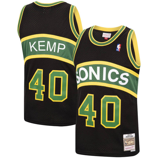 Men's Shawn Kemp Seattle SuperSonics Mitchell & Ness Black 1994-95 Hardwood Classics Reload Swingman Jersey