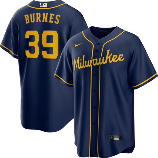 Men's Milwaukee Brewers Corbin Burnes Cool Base Replica Alternate Jersey - Navy